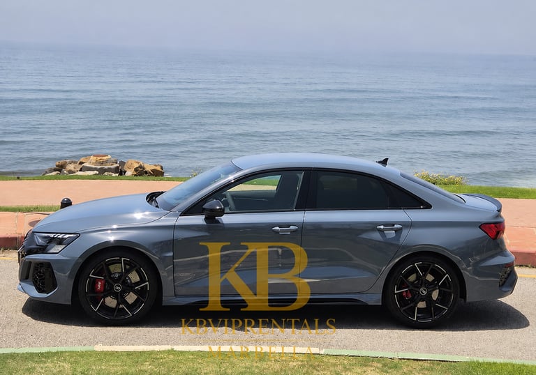 Side profile of a sleek grey Audi RS3 luxury sedan parked along a coastal road with ocean views.