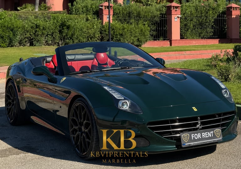 A dark green Ferrari California convertible with red leather interior parked at a luxury rental in Marbella.