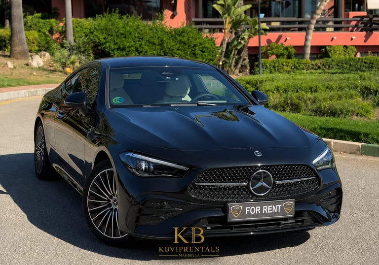 Black Mercedes-Benz CLE coupe for rent in Marbella, featuring a sleek design and luxury interior.