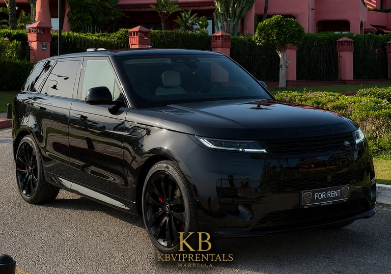 Black luxury Range Rover Sport rental parked outside a Mediterranean villa in Marbella.