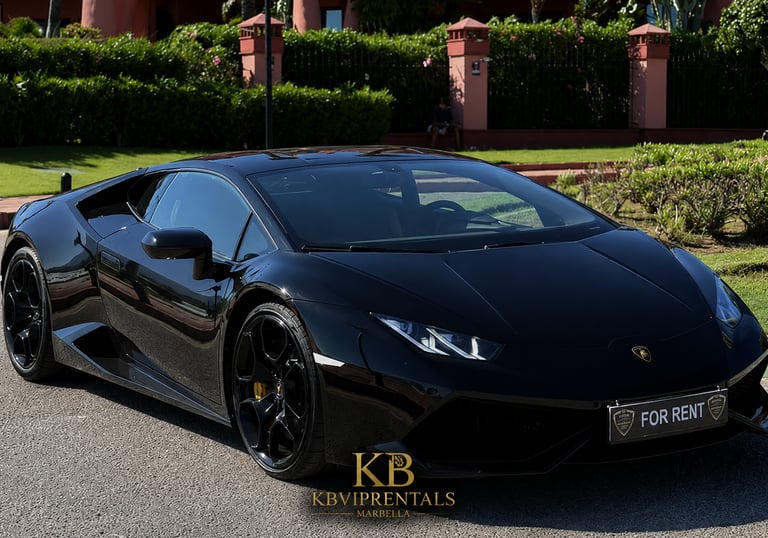 Sleek black Lamborghini Huracan luxury car for rent parked in Marbella.
