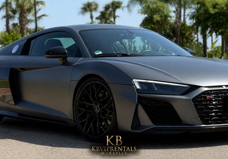 Matte grey Audi R8 luxury sports car rental parked outdoors in Marbella with palm trees in the background.