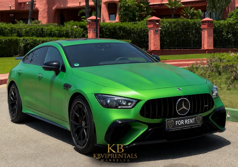 A lime green Mercedes-AMG GT 63 S luxury sports car for rent parked in Marbella.