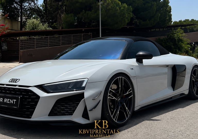 White Audi R8 Spyder luxury convertible for rent in Marbella, parked on a sunny street.