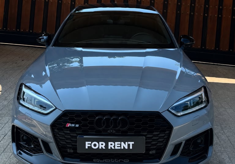 Front view of a Nardo Grey Audi RS5 luxury car rental in Marbella parked in front of a wooden gate.