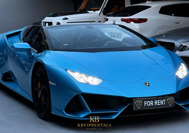 A bright blue Lamborghini Huracan Evo Spyder luxury car rental parked in a showroom garage.