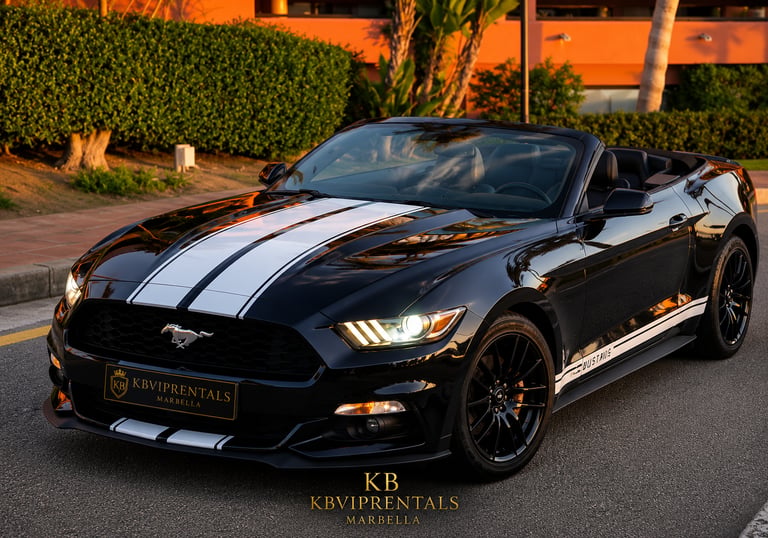 Black Ford Mustang convertible with white racing stripes available for luxury car rental in Marbella.
