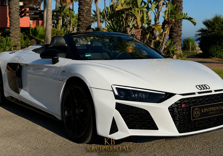 White Audi R8 Spyder convertible sports car parked outdoors in Marbella, Spain, surrounded by palm trees.