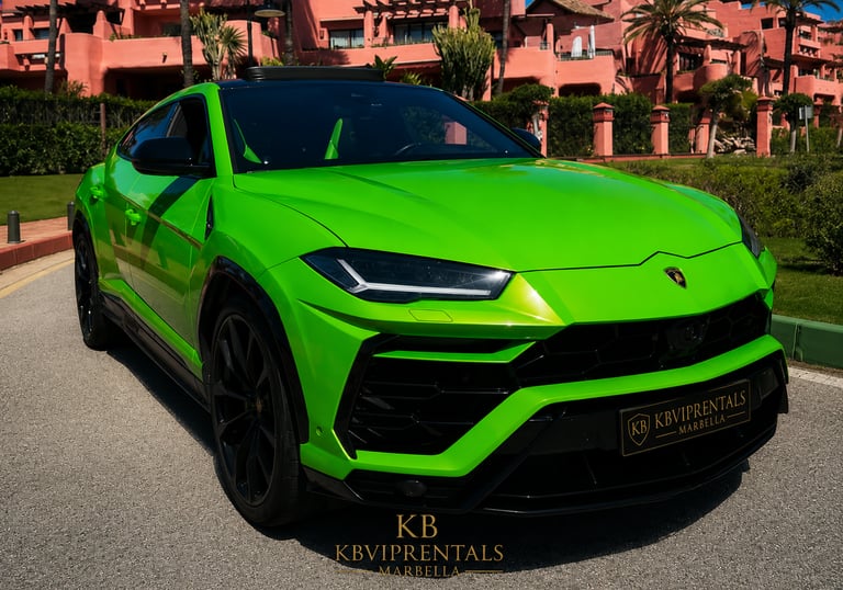 Lime green Lamborghini Urus luxury SUV rental parked in front of a Mediterranean resort in Marbella.