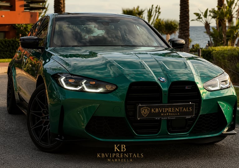 Front view of a dark green BMW M3 luxury sports car rental parked in Marbella at sunset.