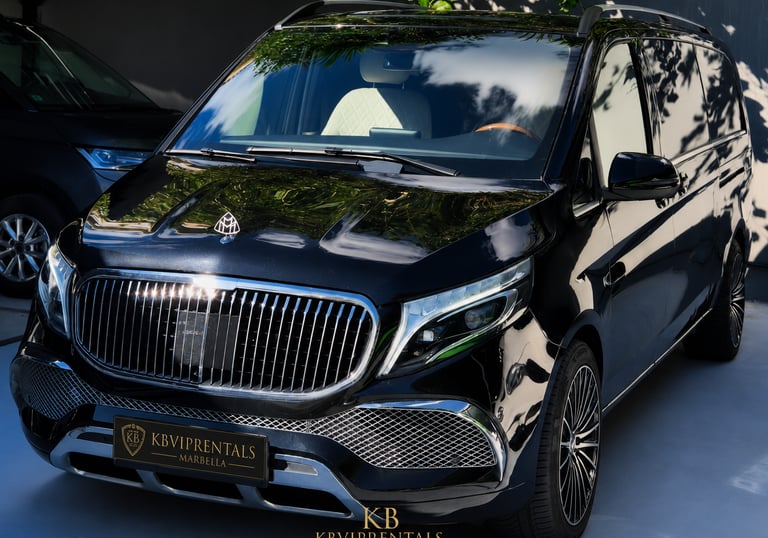 Luxury black Mercedes-Benz V-Class chauffeur van with Maybach trim available for VIP rental in Marbella.