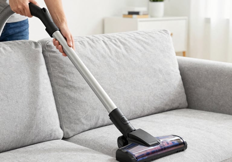 a woman in a green shirt and black gloves vacuuming a gray ottoman