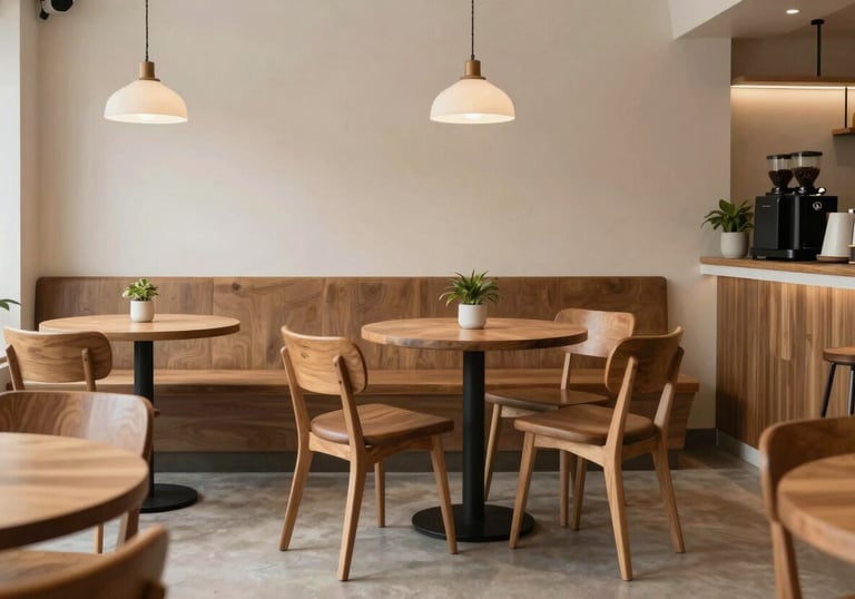 A high-quality photography shot of a contemporary Vietnamese cafe with minimalist decor. Soft natural lighting, wooden furniture, and a clean, inviting atmosphere that reflects modern F&B standards.