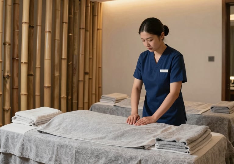 An elegant photography of a luxury spa interior in Vietnam. Features include bamboo accents, soft ambient lighting, and serene textures of light gray and blue, conveying peace and professional care.