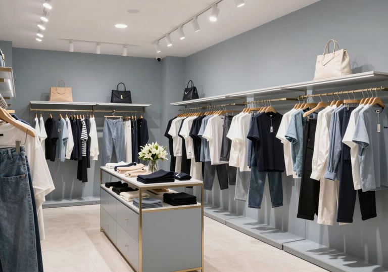 A professional photography shot of a modern, stylish retail boutique in Vietnam. Bright indoor lighting highlights neatly arranged clothing and accessories, reflecting a clean and organized business aesthetic using light blue-gray tones.
