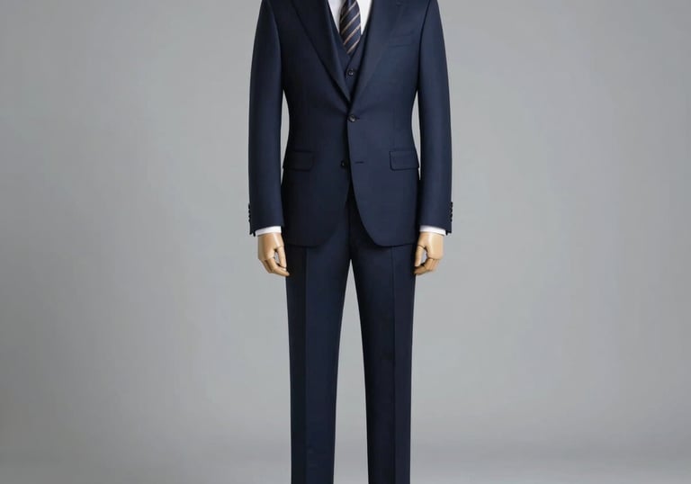A full-length photograph of a navy blue bespoke three-piece suit on a mannequin, set against a minimalist gray background. International / Western.