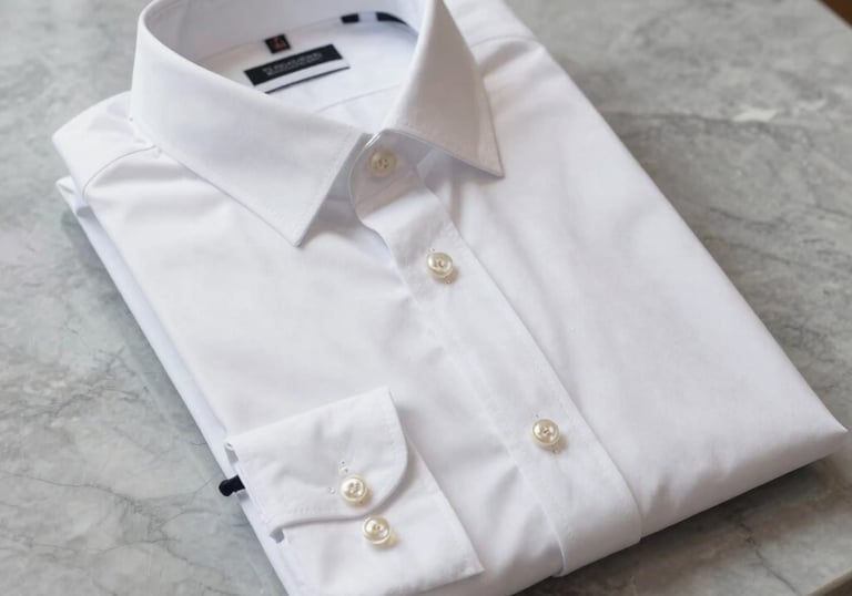 A crisp, high-end photograph of a folded bespoke white cotton shirt with intricate pearl buttons, placed on a soft gray marble countertop. International / Western.