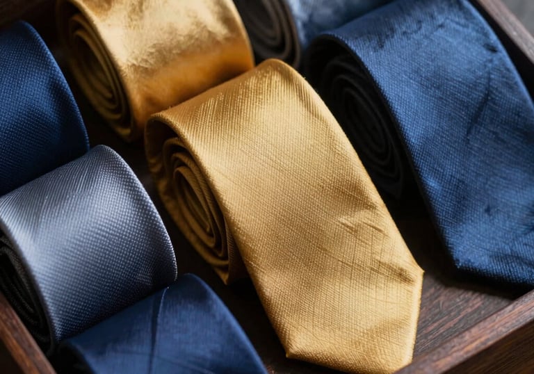 A collection of fine silk neckties in gold and slate blue, neatly rolled in a dark wood display box. International / Western.