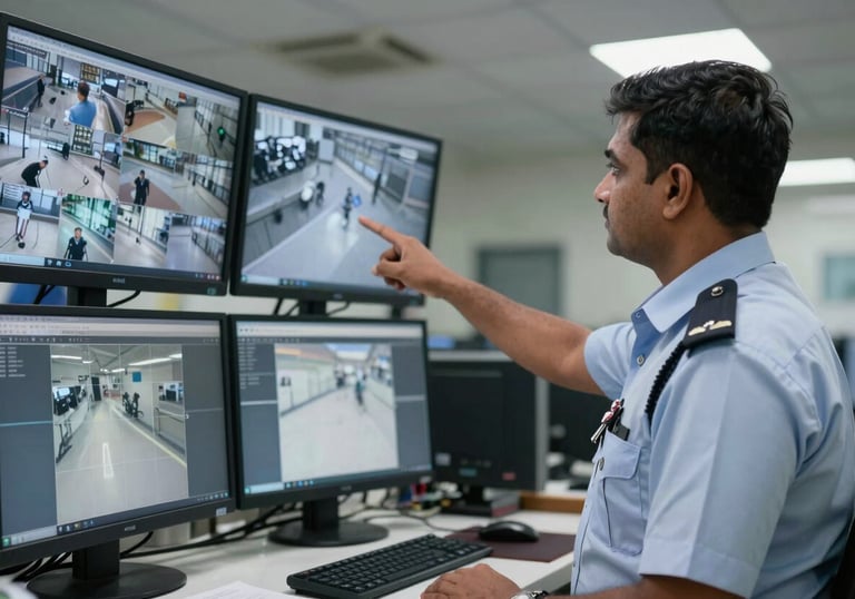 A security supervisor monitoring modern CCTV screens in a South Asian / Indian facility, portraying high-tech reliability.