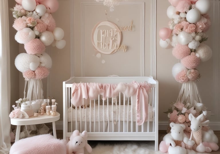 Stylish baby shower setup with pastel tones and elegant decorations.