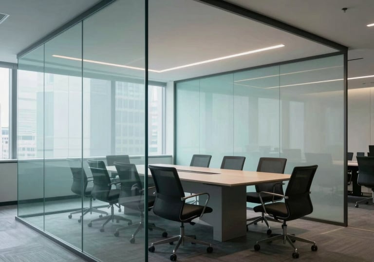 A modern, minimalist meeting space in a US city with glass partitions and soft cyan accents, reflecting a professional atmosphere.