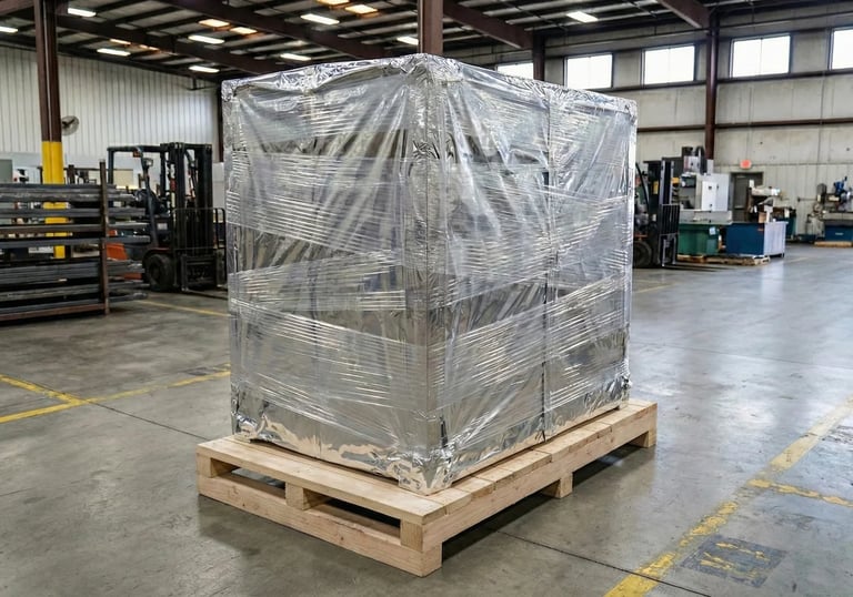 客製化木箱包裝搭配鋁箔防潮袋 (Custom Wooden Crate with Foil Barrier Bag),為精密機械提供防潮、防鏽的最高規格出口保護。