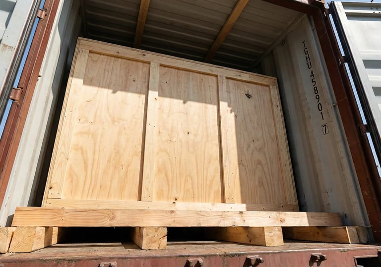 專業出口包裝與貨櫃裝載服務 (Export Container Loading Service),確保木箱在海運過程中安全穩固。