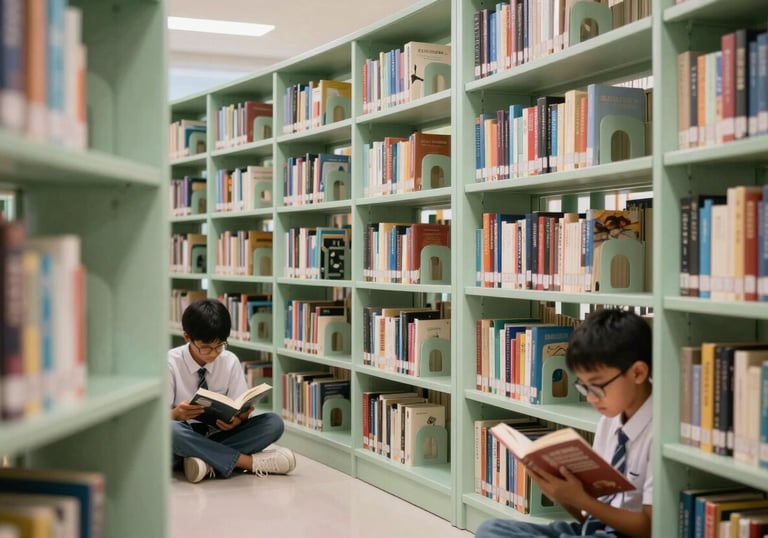 A modern, airy library in a Southeast Asian / Thai school, featuring students reading and soft pale green shelving.
