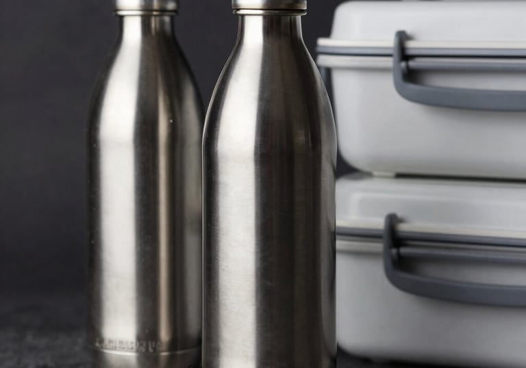 Close-up of premium, sleek stainless steel bottles and modern lunch boxes in a professional studio setting, reflecting quality and durability for global distribution.