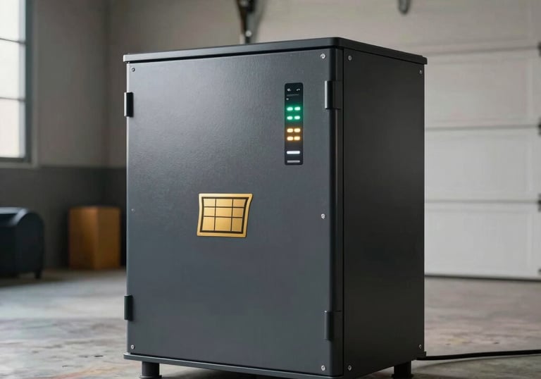 A sleek, industrial-style lithium-ion battery storage unit shown in a modern South Asian garage or utility room. The unit is compact and modern, featuring a solar gold logo and status LED indicators.