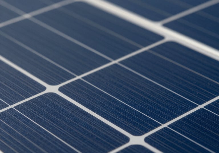 Close-up macro photography of high-efficiency solar cells showing the silicon texture and grid lines. The lighting highlights the deep navy blue color of the monocrystalline cells, suggesting premium quality and innovation.
