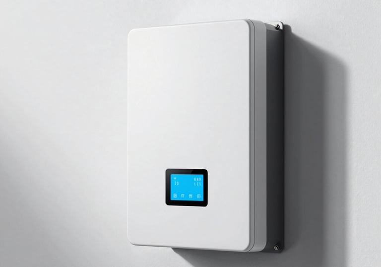A studio product photograph of a modern hybrid solar inverter mounted on a clean white wall. The device has a minimalist design with a small digital interface glowing in sky blue. The lighting is crisp and professional, emphasizing the cutting-edge technology.