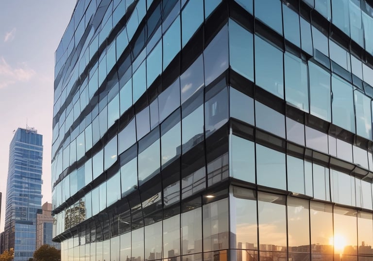 Modern glass facade reflecting sunlight on a corporate building under construction.