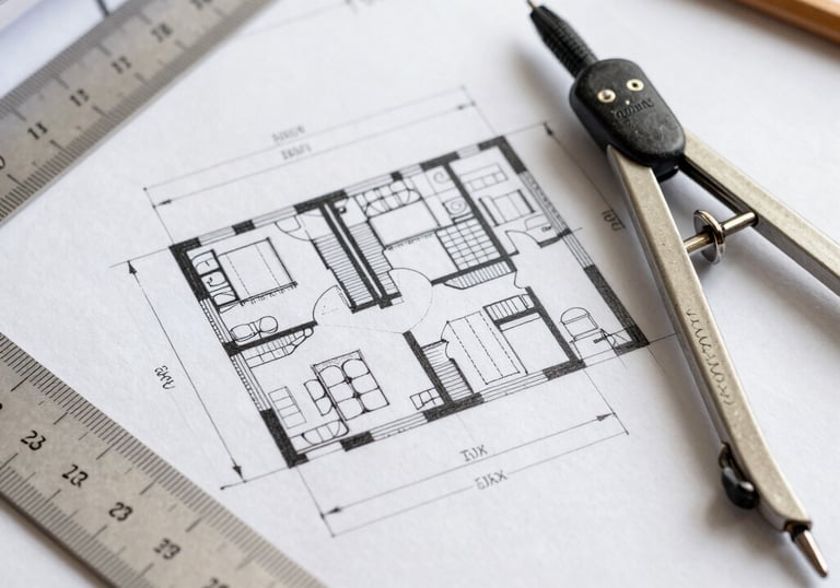 Architect reviewing detailed construction blueprints on a desk with a cityscape background.