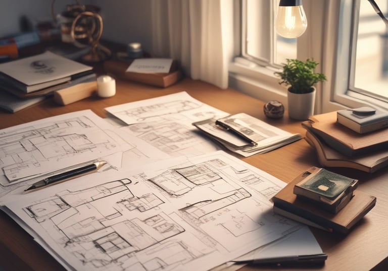 Architect reviewing detailed construction blueprints on a desk with a cityscape background.