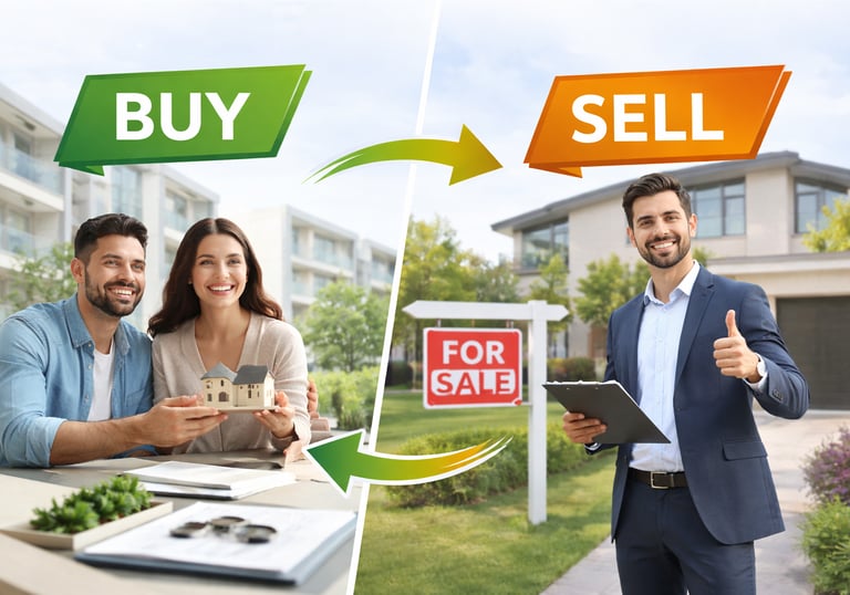A smiling couple holding a house model next to a real estate agent showing a home for sale.