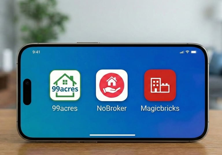 Smartphone screen displaying real estate apps 99acres, NoBroker, and Magicbricks for property search.