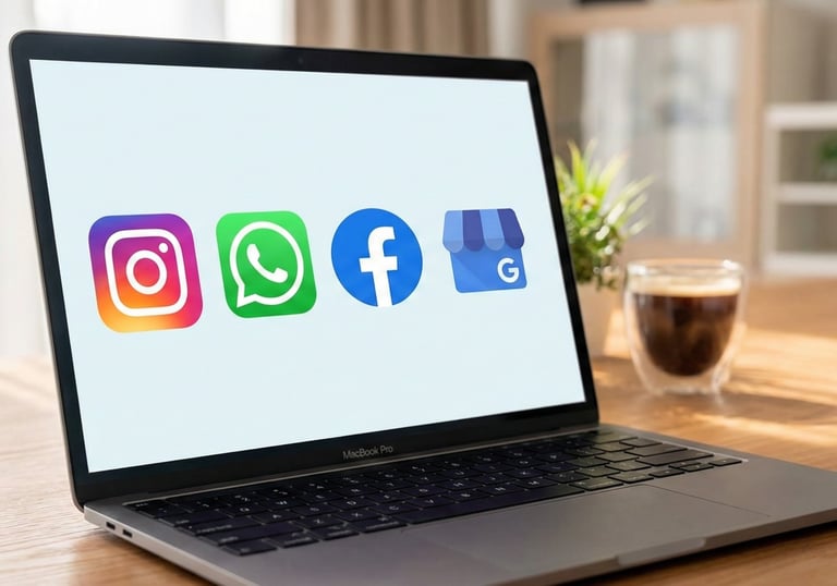 Laptop on a desk displaying Instagram, WhatsApp, Facebook, and Google My Business icons for digital marketing.
