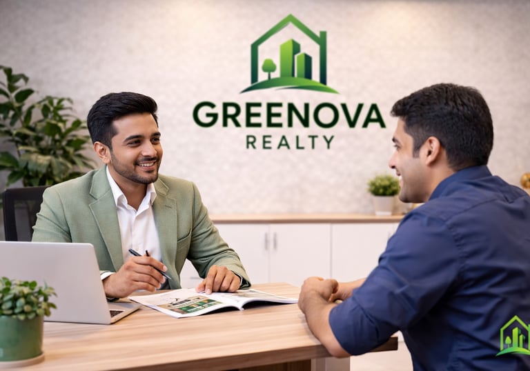 Professional real estate agent consulting with a client at Greenova Realty office.