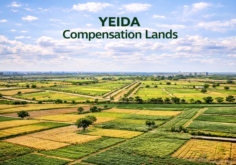 Aerial view of YEIDA compensation lands featuring green agricultural plots and a distant city skyline under a cloudy sky.