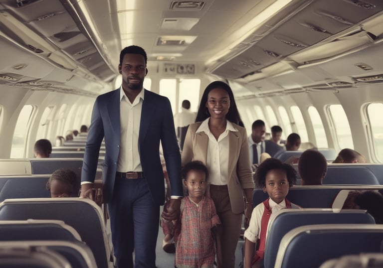 Smiling clients celebrating their approved visas with Global Fly team in an international setting.