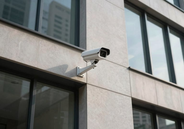 Modern exterior architecture of a corporate office building in a Latin American city, featuring a sleek security camera system installed on the facade, clean and professional style.
