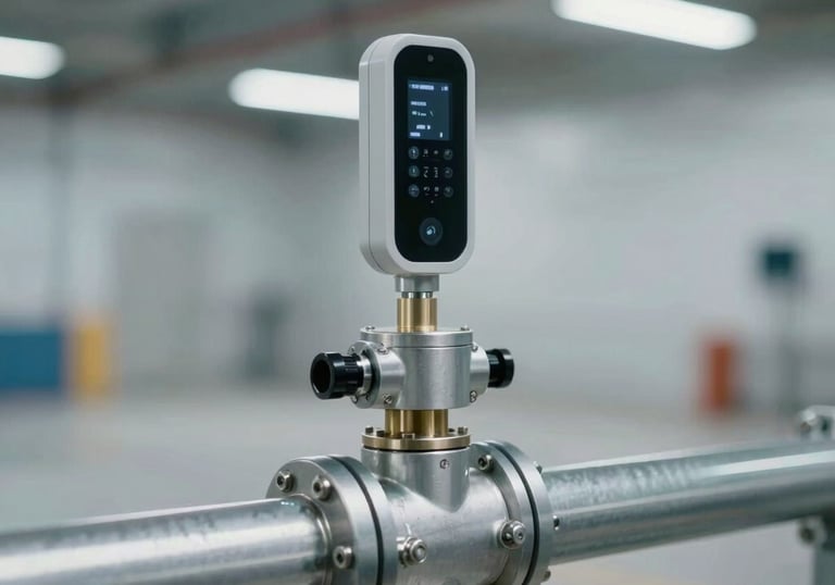 A high-precision acoustic leak detection sensor placed on a metal water pipe. The background is a clean, modern building basement with soft lighting, emphasizing professional technology.
