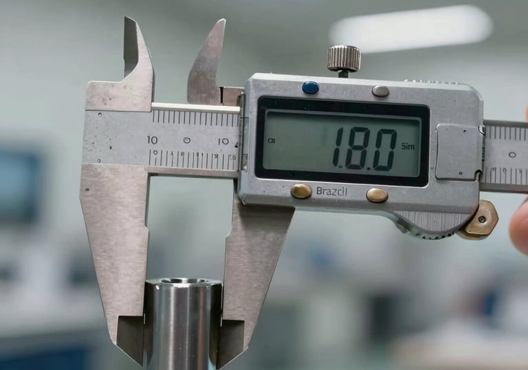 Close-up of a digital caliper measuring the diameter of a steel part, bokeh background of a clean industrial plant in Brazil, tones of off-white and steel gray.