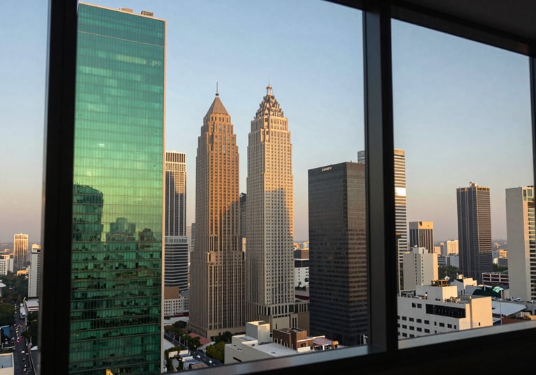 A panoramic view of a modern skyscraper skyline in a North American / Mexican metropolis through a clean glass window, representing international reach, tobacco and forest green reflections.