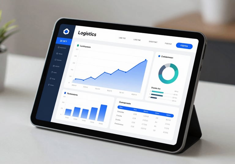A high-resolution shot of a tablet screen displaying a sophisticated logistics dashboard with real-time graphs and tracking data. The surrounding environment is a clean, professional desk. Tones are #2E5F7B and #F5F8FA.
