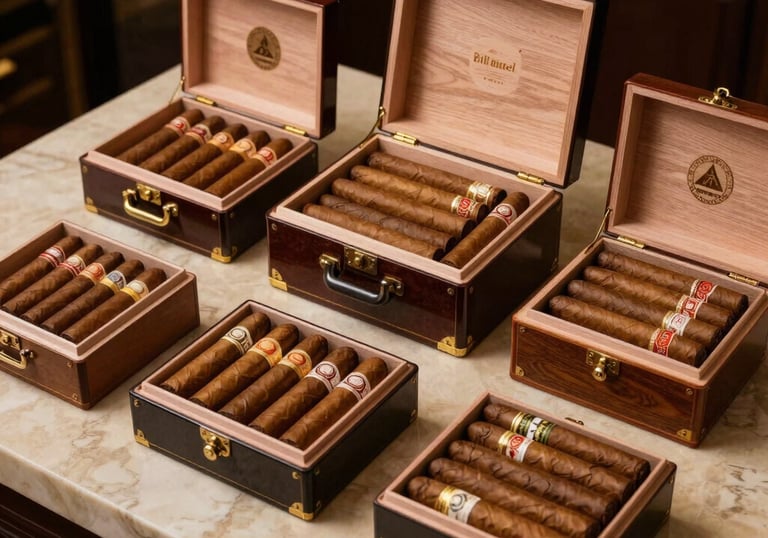 A neatly organized display of luxury cigar accessories and humidors on a beige marble surface, elegant lighting.