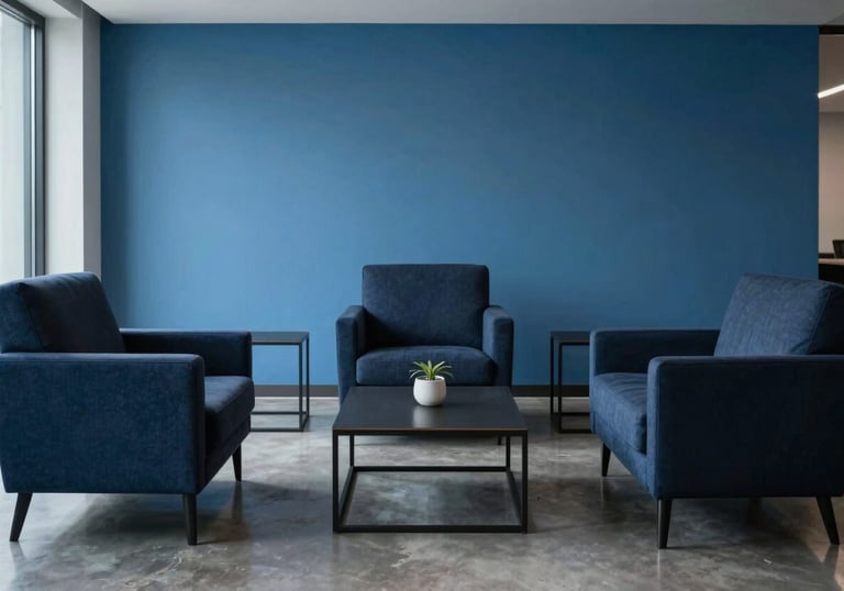 A minimalist North American / US office lounge with high-end furniture. The room is decorated in Dark Navy and Alice Blue tones, reflecting a professional atmosphere.