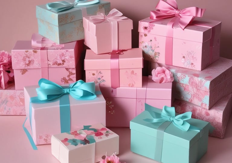 A delicately wrapped gift box adorned with a soft blush ribbon and antique gold accents, resting on an ivory lace cloth.