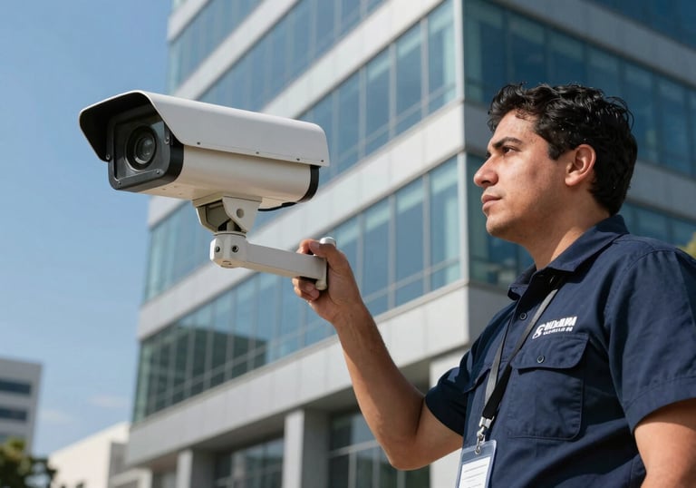 Security camera installation on a modern office building, bright sky blue sky in the background, professional technician in a Latin American / Hispanic city setting.